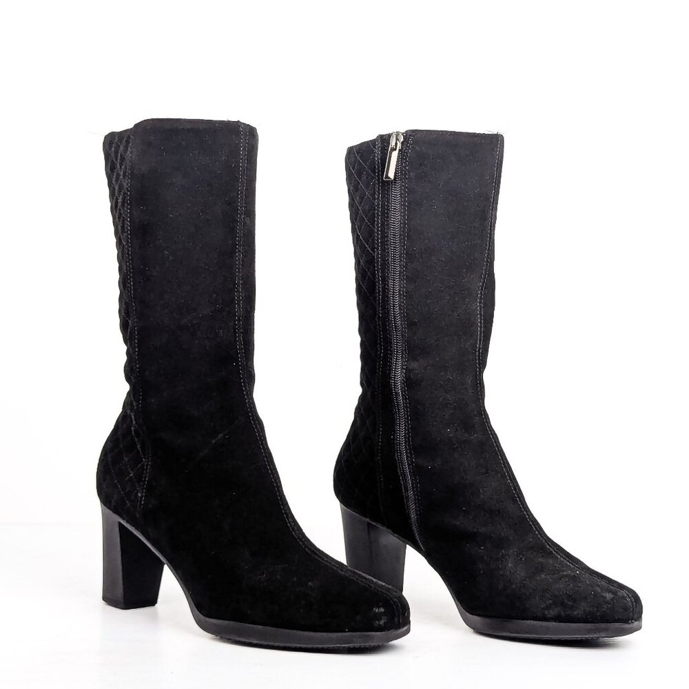 Aquatalia Women Black Suede Dress Office Zip Heel Round Boots sz 8.5
